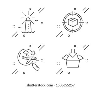 Search flight, Parcel tracking and Lighthouse line icons set. Get box sign. Airplane trip, Box in target, Navigation beacon. Send package. Transportation set. Line search flight outline icon. Vector