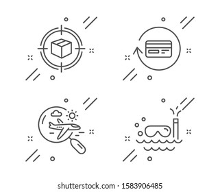 Search flight, Refund commission and Parcel tracking line icons set. Scuba diving sign. Airplane trip, Cashback card, Box in target. Trip swimming. Business set. Vector