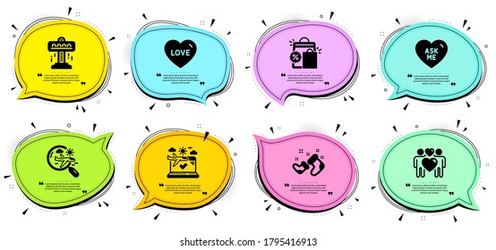 Search flight, Shopping bags and Love signs. Chat bubbles with quotes. Love couple, Attraction and Santa boots line icons set. Airplane travel, Ask me symbols. Lovers, Free fall. Holidays set. Vector