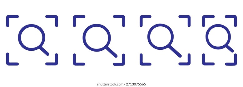 Search focus icon set, magnifying glass icon inside rounded corner brackets , Scan or Zoom Area icons , ideal for scanning tools, find functions, detection features, and for camera or search interface