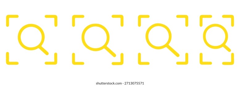 Search focus icon set, magnifying glass icon inside rounded corner brackets , Scan or Zoom Area icons , ideal for scanning tools, find functions, detection features, and for camera or search interface