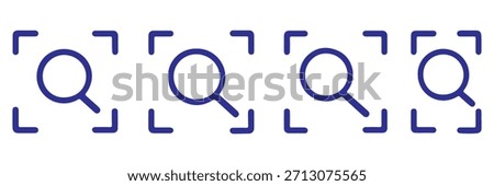 Search focus icon set, magnifying glass icon inside rounded corner brackets , Scan or Zoom Area icons , ideal for scanning tools, find functions, detection features, and for camera or search interface
