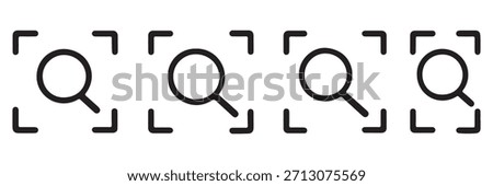 Search focus icon set, magnifying glass icon inside rounded corner brackets , Scan or Zoom Area icons , ideal for scanning tools, find functions, detection features, and for camera or search interface