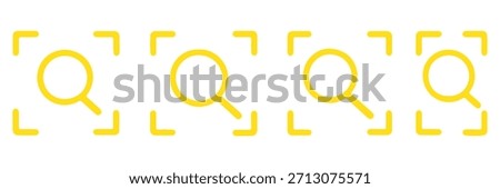 Search focus icon set, magnifying glass icon inside rounded corner brackets , Scan or Zoom Area icons , ideal for scanning tools, find functions, detection features, and for camera or search interface
