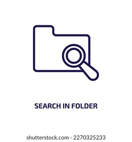search in folder icon from user interface collection. Thin linear search in folder, office, folder outline icon isolated on white background. Line vector search in folder sign, symbol for web and 