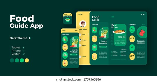 Search for food products app screen vector adaptive design template. Fresh dinner ingredients application night mode interface with flat characters. Smartphone, tablet, smart watch cartoon UI
