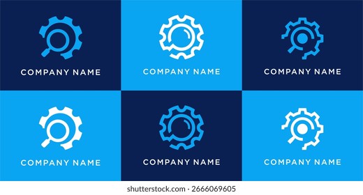 Conjunto de diseño de logotipo de engranaje de Búsqueda con lupa