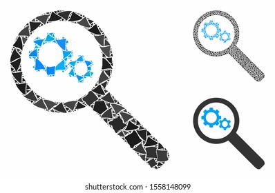 Search gears tool composition of rugged parts in various sizes and color tinges, based on search gears tool icon. Vector rugged parts are organized into mosaic.