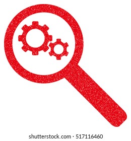 Search Gears Tool grainy textured icon for overlay watermark stamps. Flat symbol with dirty texture. Dotted vector red ink rubber seal stamp with grunge design on a white background.