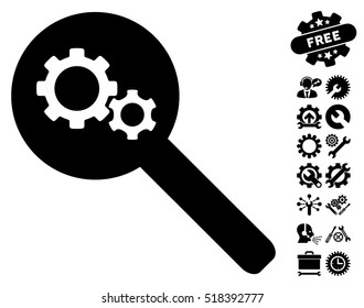 Search Gears Tool icon with bonus service graphic icons. Vector illustration style is flat iconic black symbols on white background.