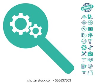 Search Gears Tool icon with bonus uav tools symbols. Vector illustration style is flat iconic cobalt and cyan symbols on white background.