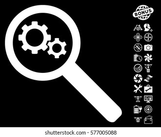 Search Gears Tool icon with bonus copter tools icon set. Vector illustration style is flat iconic white symbols on black background.