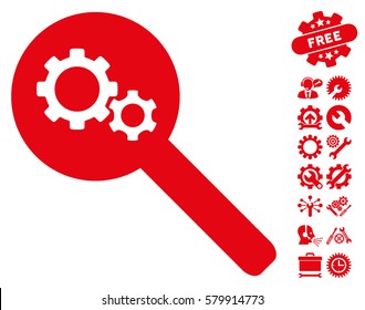 Search Gears Tool icon with bonus configuration images. Vector illustration style is flat iconic red symbols on white background.