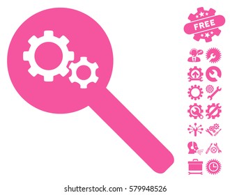 Search Gears Tool icon with bonus service clip art. Vector illustration style is flat iconic pink symbols on white background.