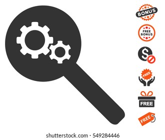 Search Gears Tool icon with free bonus pictograms. Vector illustration style is flat iconic symbols, orange and gray colors, white background.