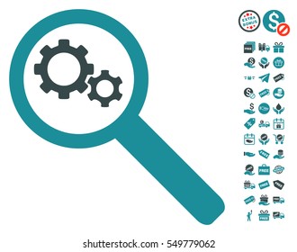 Search Gears Tool icon with free bonus design elements. Vector illustration style is flat iconic symbols, soft blue colors, white background.