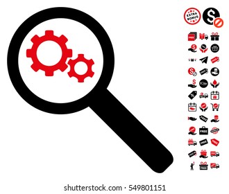 Search Gears Tool icon with free bonus graphic icons. Vector illustration style is flat iconic symbols, intensive red and black colors, white background.