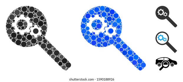 Search gears tool mosaic of filled circles in various sizes and color tinges, based on search gears tool icon. Vector filled circles are united into blue collage.