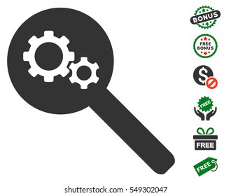 Search Gears Tool pictograph with free bonus pictures. Vector illustration style is flat iconic symbols, green and gray colors, white background.