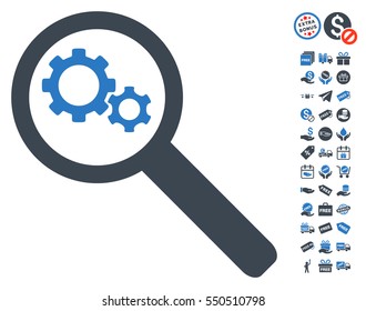 Search Gears Tool pictograph with free bonus pictures. Vector illustration style is flat iconic symbols, smooth blue colors, white background.
