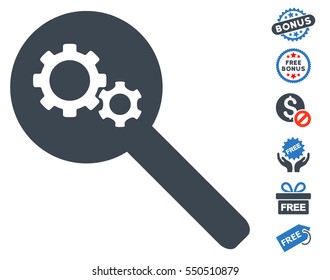 Search Gears Tool pictograph with free bonus design elements. Vector illustration style is flat iconic symbols, smooth blue colors, white background.