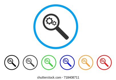 Search Gears Tool rounded icon. Style is a flat search gears tool grey symbol inside light blue circle with black, gray, green, blue, red, orange variants.