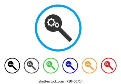 Search Gears Tool rounded icon. Style is a flat search gears tool grey symbol inside light blue circle with black, gray, green, blue, red, orange versions.