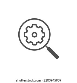 Pictograma vectorial de la herramienta de búsqueda de engranajes. Ilustración aislada sobre fondo blanco. lupa con icono de engranaje