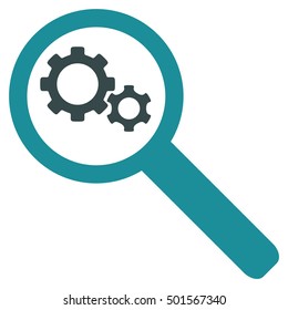 Search Gears Tool vector pictogram. Style is flat graphic bicolor symbol, soft blue colors, white background.