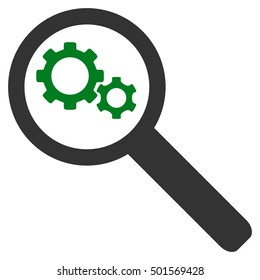 Search Gears Tool vector pictogram. Style is flat graphic bicolor symbol, green and gray colors, white background.