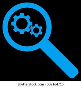 Search Gears Tool vector pictogram. Style is flat graphic symbol, blue color, black background.