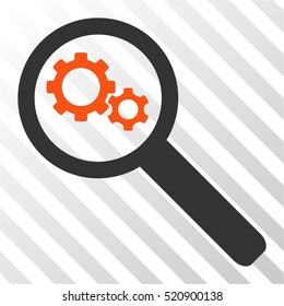 Search Gears Tool vector pictogram. Illustration style is flat iconic bicolor orange and gray symbol on a hatched transparent background.