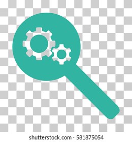 Search Gears Tool vector pictogram. Illustration style is a flat iconic cyan symbol on a transparent background.