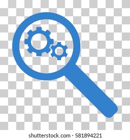Search Gears Tool vector pictogram. Illustration style is a flat iconic cobalt symbol on a transparent background.
