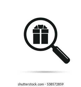 Search gift icon, vector black illustration. Magnifying glass and gift box.