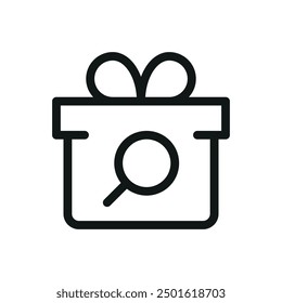 Search gift isolated icon, gift box with magnifying glass vector symbol with editable stroke
