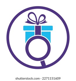 Diseño del icono del logotipo de regalo de búsqueda. Buscar vector de icono de diseño de logotipo de caja de regalo.