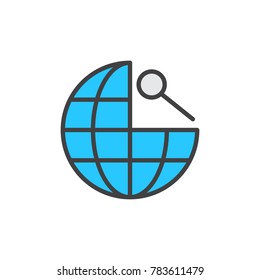 Search global navigation filled outline icon, line vector sign, linear colorful pictogram isolated on white. Earth globe and magnifying glass symbol, logo illustration. Pixel perfect vector graphics