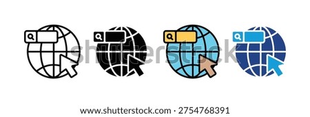 Search globe icons with cursor on white background. Web search concept symbol. Vector Illustration