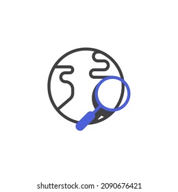 Icono de línea de globo de búsqueda. signo de estilo lineal para concepto móvil y diseño web. Icono de vector de contorno de globo y lupa mundial. Símbolo, ilustración del logotipo. Gráficos vectoriales