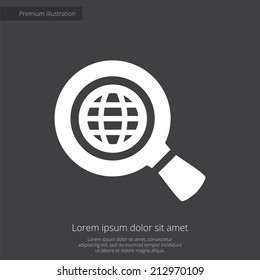 search globe premium illustration icon, isolated, white on dark background, with text elements 