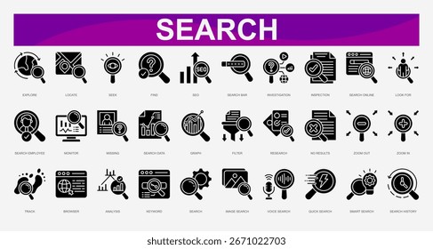 Search glyph Icons set. Vector illustration. Explore, Locate, Seek, Find, SEO, Search Bar, Investigation, Inspection, Search Online, Look For. Vector illustration	