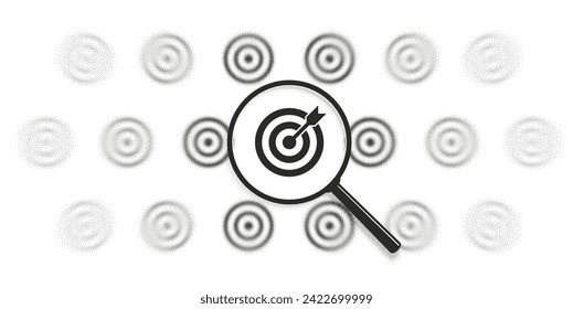 Search goal, SEO, market idea, problem solution concept. Business target, arrow icon pattern. Magnifying glass zoom. Focus lens, transparent blur, morphism effect. Dot halftone, noise texture