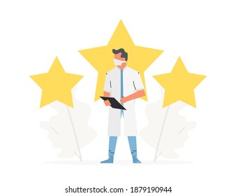 Search Good Doctor, Five Star Rating. Choose Doctor For Consultation Vector Illustration. The Doctor Stands In Front Of 3 Large Stars.