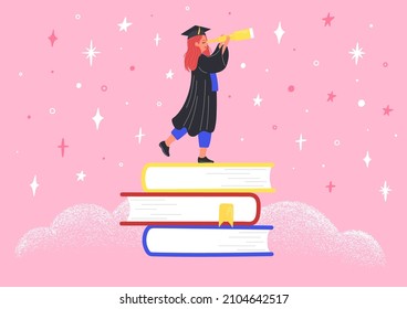 Search graduate jobs. Happy graduated girl in cap and gown staying on stack of books looks into telescope.  Professional education concept