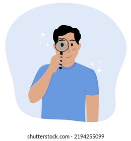 Search. A guy holds a magnifying glass in front of his face. Loupe study. Flat style vector illustration