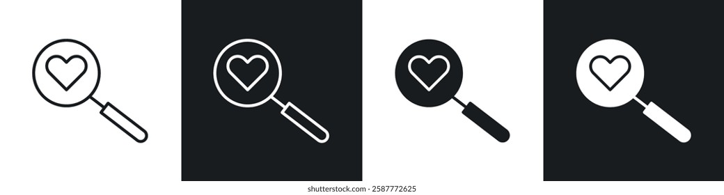 Search heart icon set black and white colors. Graphic Vector icons pack