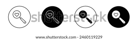 Search heart icon set. search for love vector symbol. find dating person sign in black filled and outlined style.