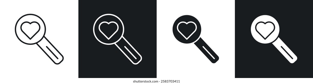 Search heart icons collection in black and white filled and line versions