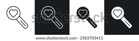 Search heart icons collection in black and white filled and line versions